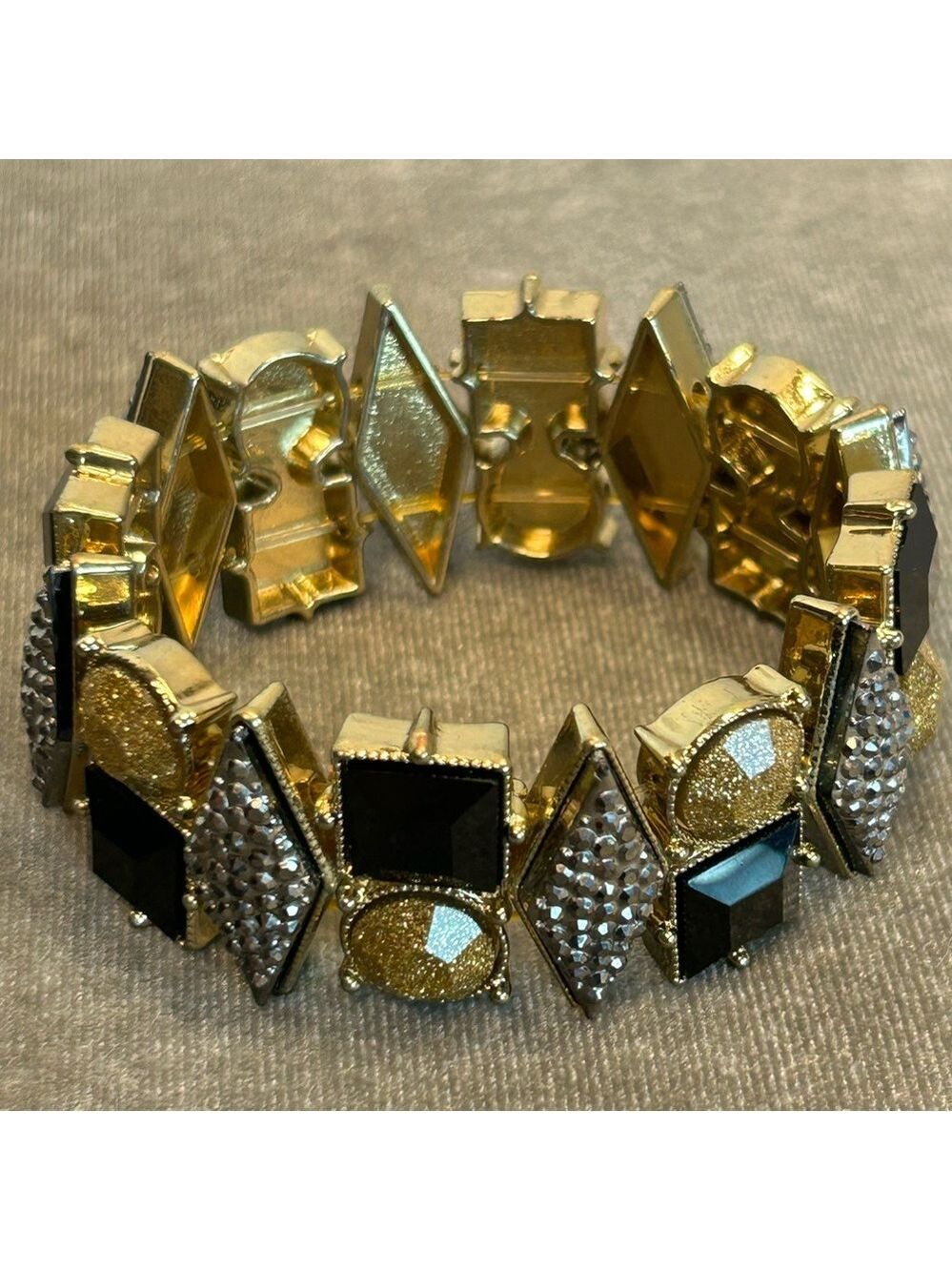 Gold tone glitter black silver tone geometric stretchy pull on bracelet